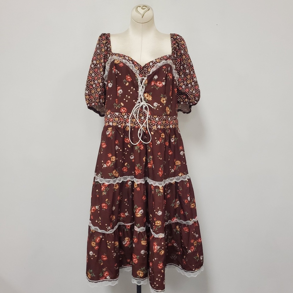 Dirndl Oktoberfest Milkmaid Tiered Dress Size 1XL Puff Sleeve Brown Cottagecore